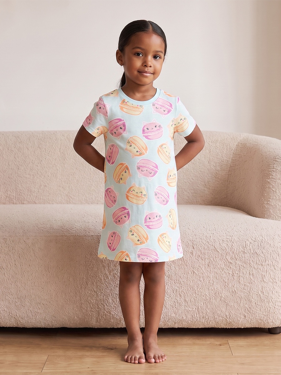 Pack of 2 Cotton Crew Neck Short Sleeves Night Dress with Macaron Print