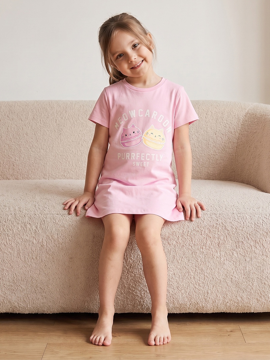 Pack of 2 Cotton Crew Neck Short Sleeves Night Dress with Macaron Print
