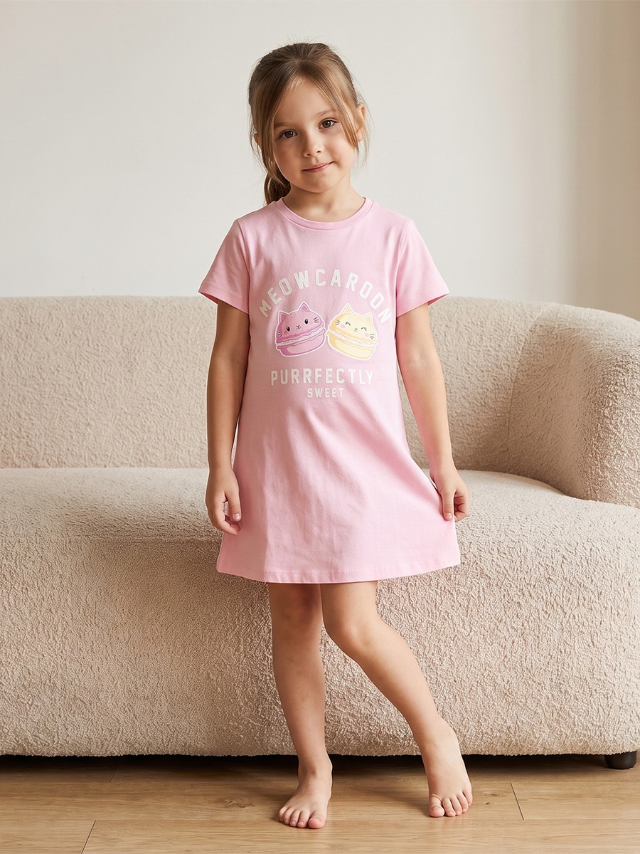 Pack of 2 Cotton Crew Neck Short Sleeves Night Dress with Macaron Print
