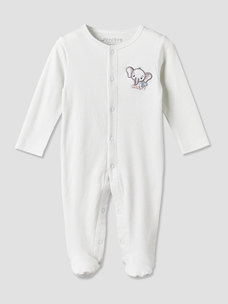 Cotton Crew Neck Long Sleeves Sleepsuit with Elephant Applique
