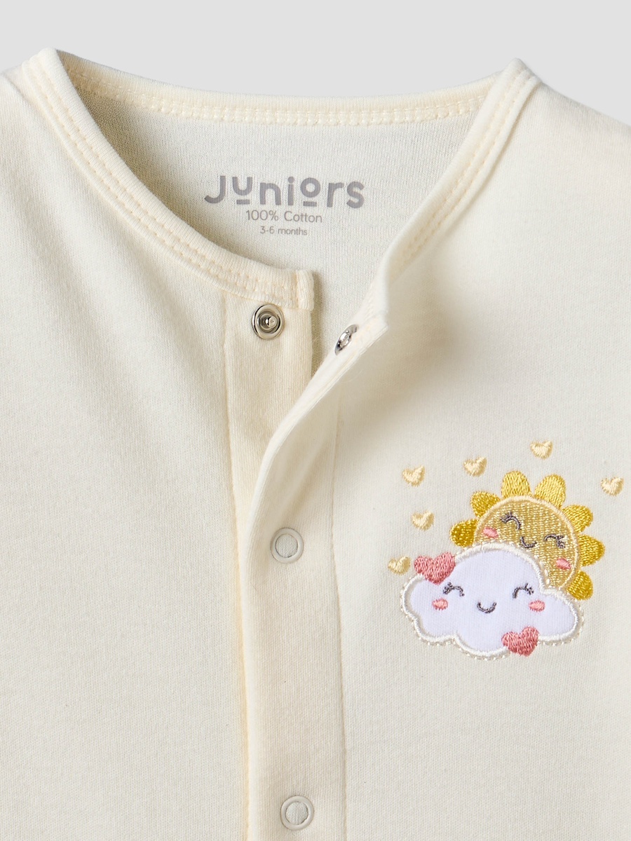 Cotton Crew Neck Long Sleeves Sleepsuit with Cloud Applique