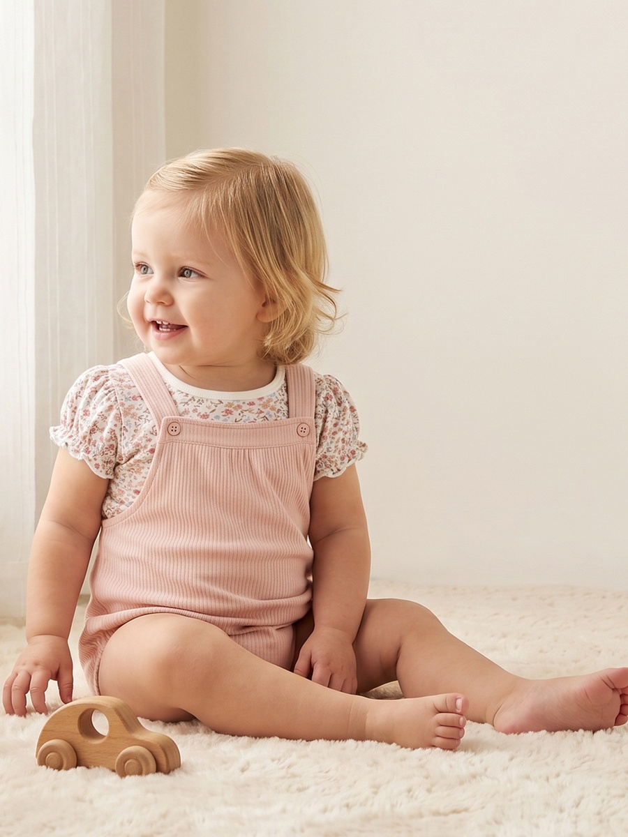 Crew Neck Short Sleeves T-Shirt and Dungaree Set with Floral Print