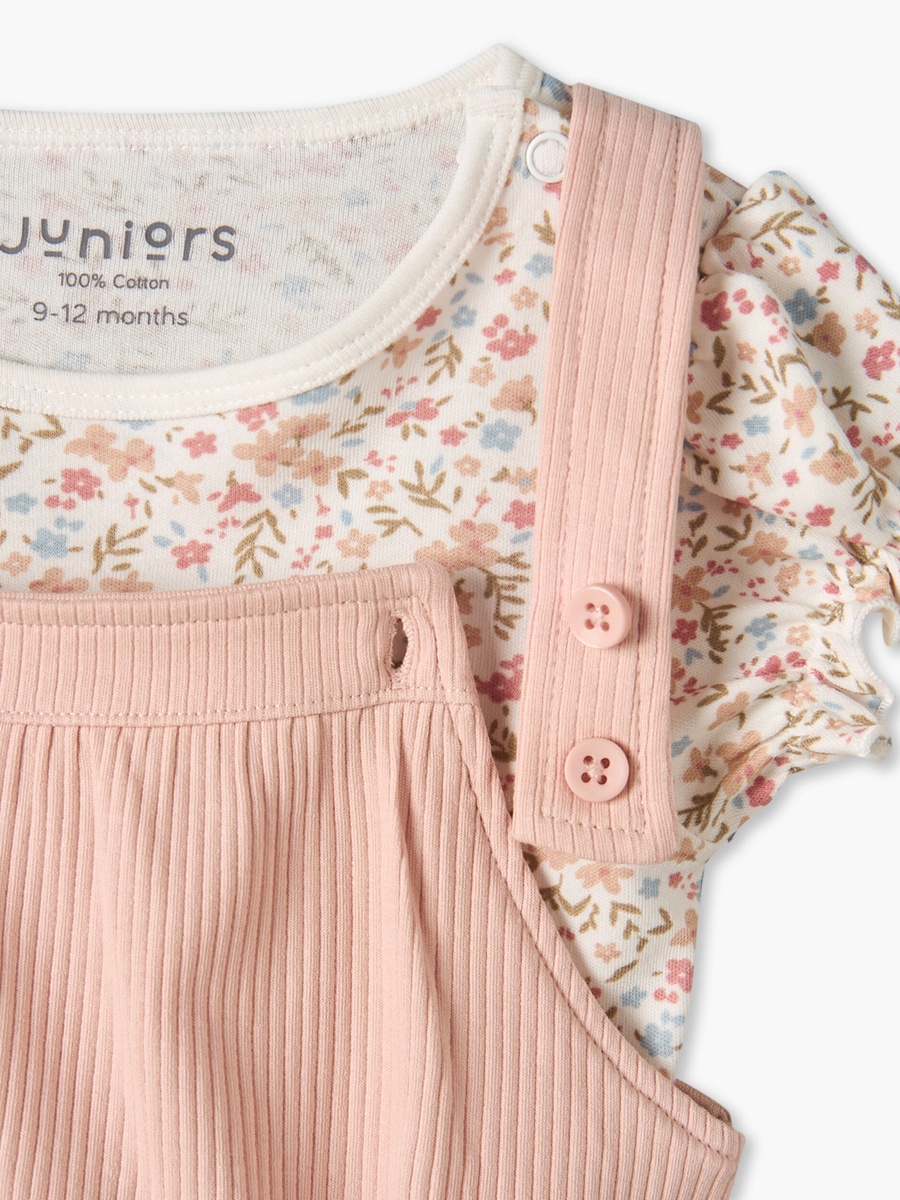 Crew Neck Short Sleeves T-Shirt and Dungaree Set with Floral Print