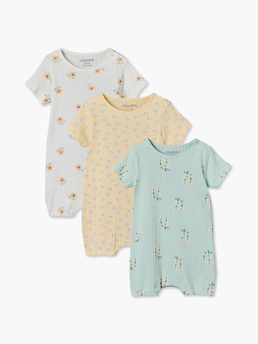 Pack of 3 Crew Neck Short Sleeves Rompers with Floral Print