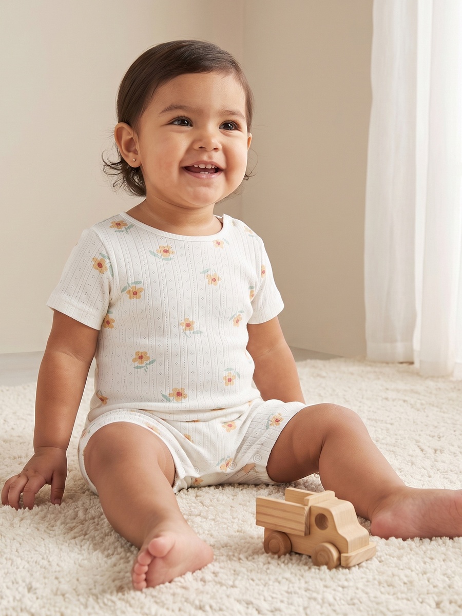 Pack of 3 Crew Neck Short Sleeves Rompers with Floral Print