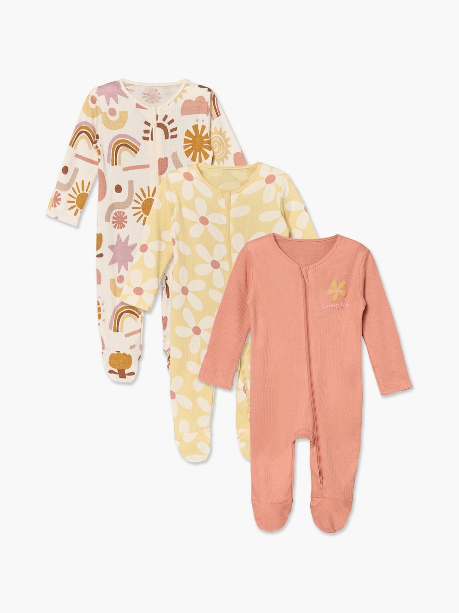 Pack of 3 Cotton Round Neck Long Sleeves Sleepsuit with Floral Print