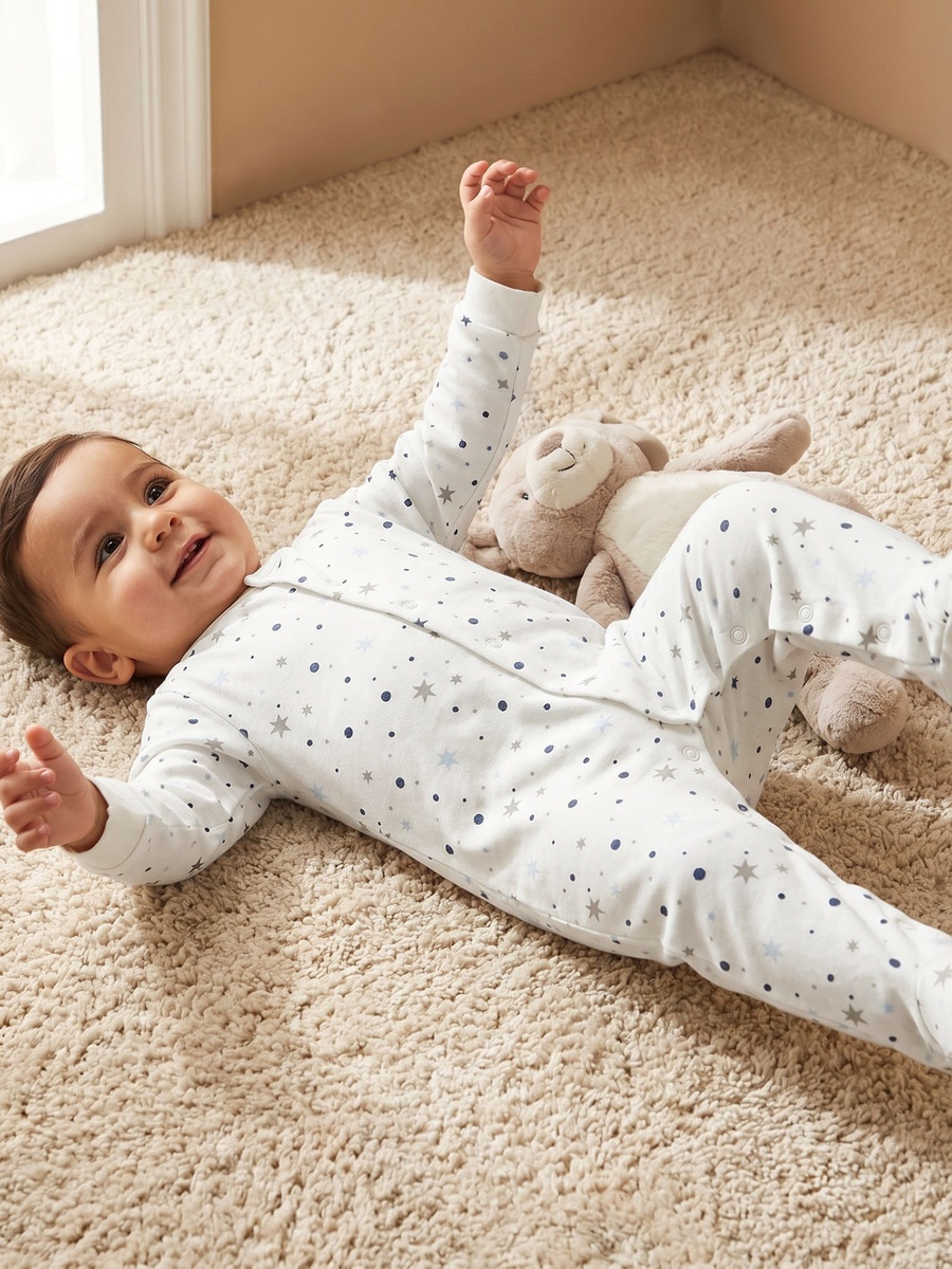 Pack of 2 Cotton Crew Neck Long Sleeves Sleepsuit with Snap Button Closure