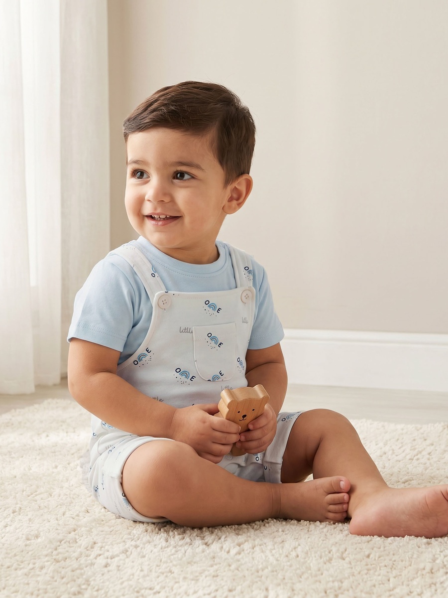 Crew Neck Short Sleeves T-Shirt and Dungaree Set with Rainbow Print