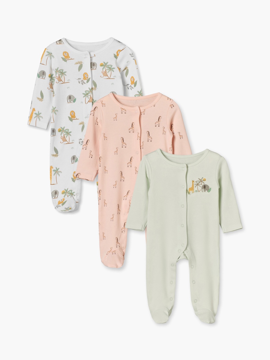 Pack of 3 Cotton Crew Neck Long Sleeves Sleepsuit with Safari Print