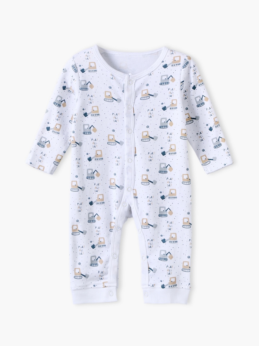 Pack of 3 Cotton Crew Neck Long Sleeves Sleepsuit with Construction Vehicle Print