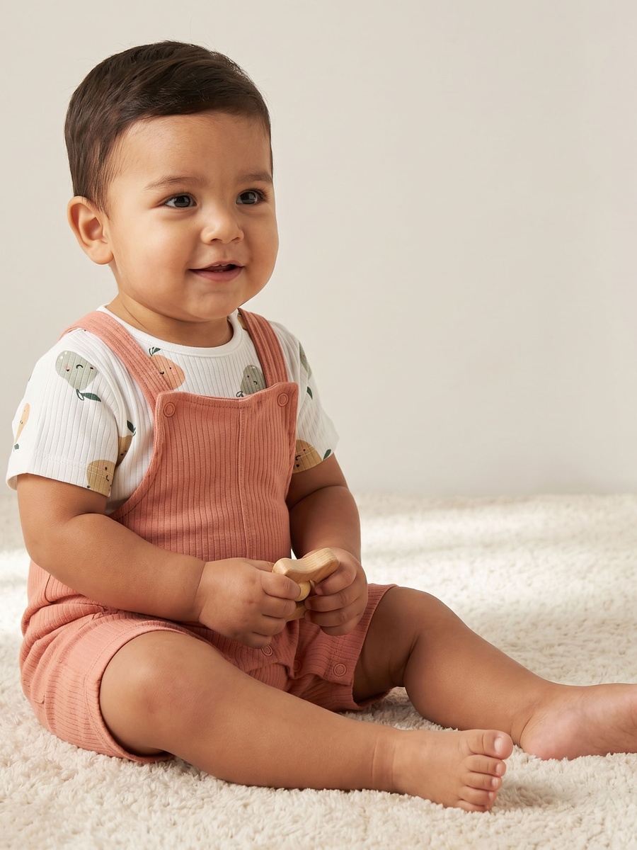 Crew Neck Short Sleeves T-Shirt and Dungaree Set with Fruit Print