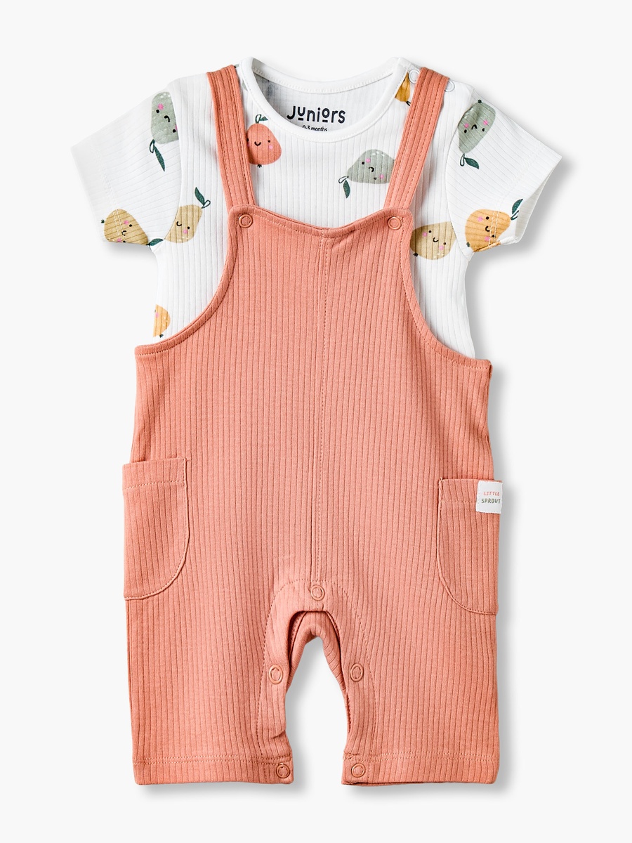 Crew Neck Short Sleeves T-Shirt and Dungaree Set with Fruit Print