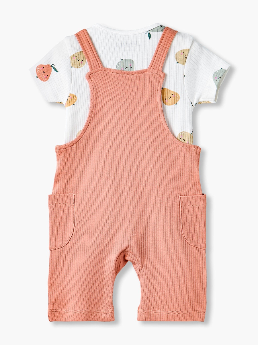 Crew Neck Short Sleeves T-Shirt and Dungaree Set with Fruit Print