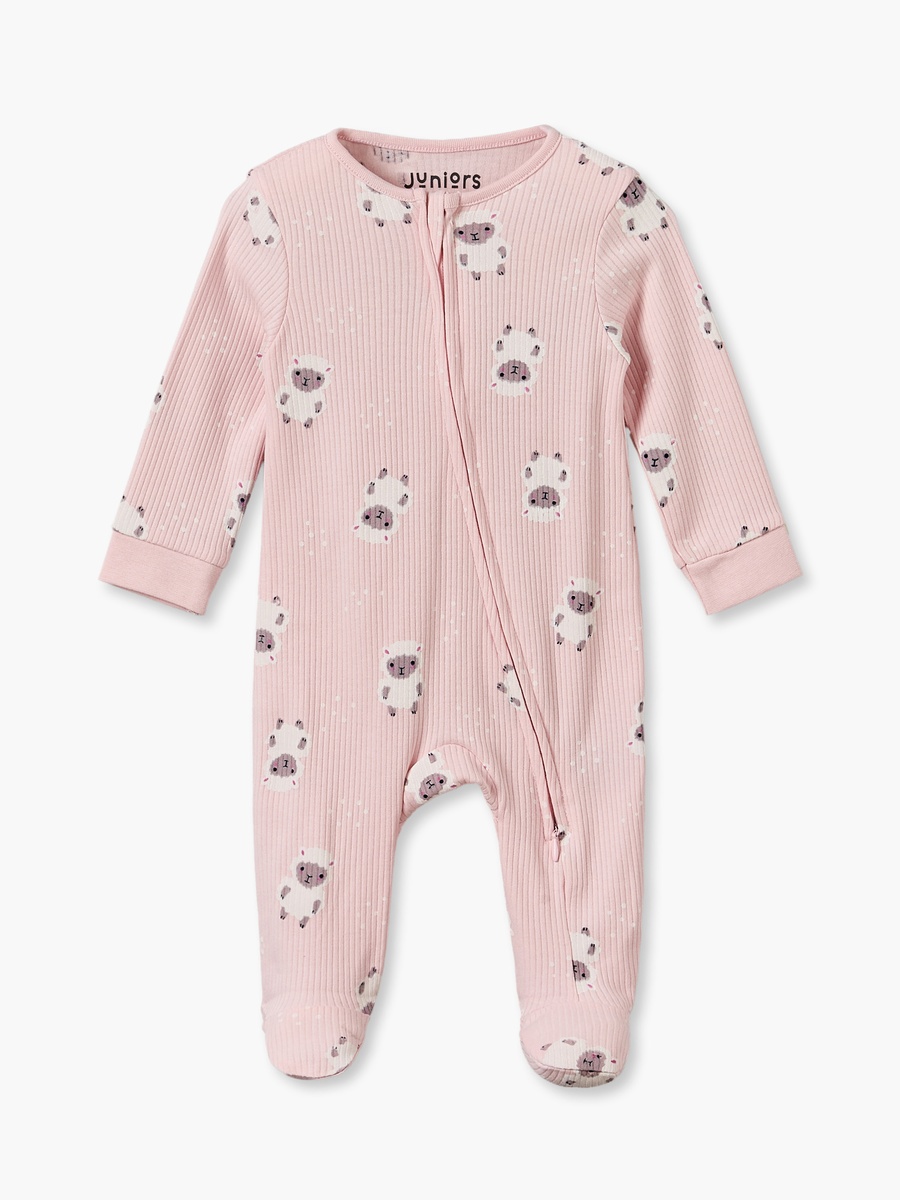 Cotton Crew Neck Long Sleeves Sleepsuit with Sheep Print
