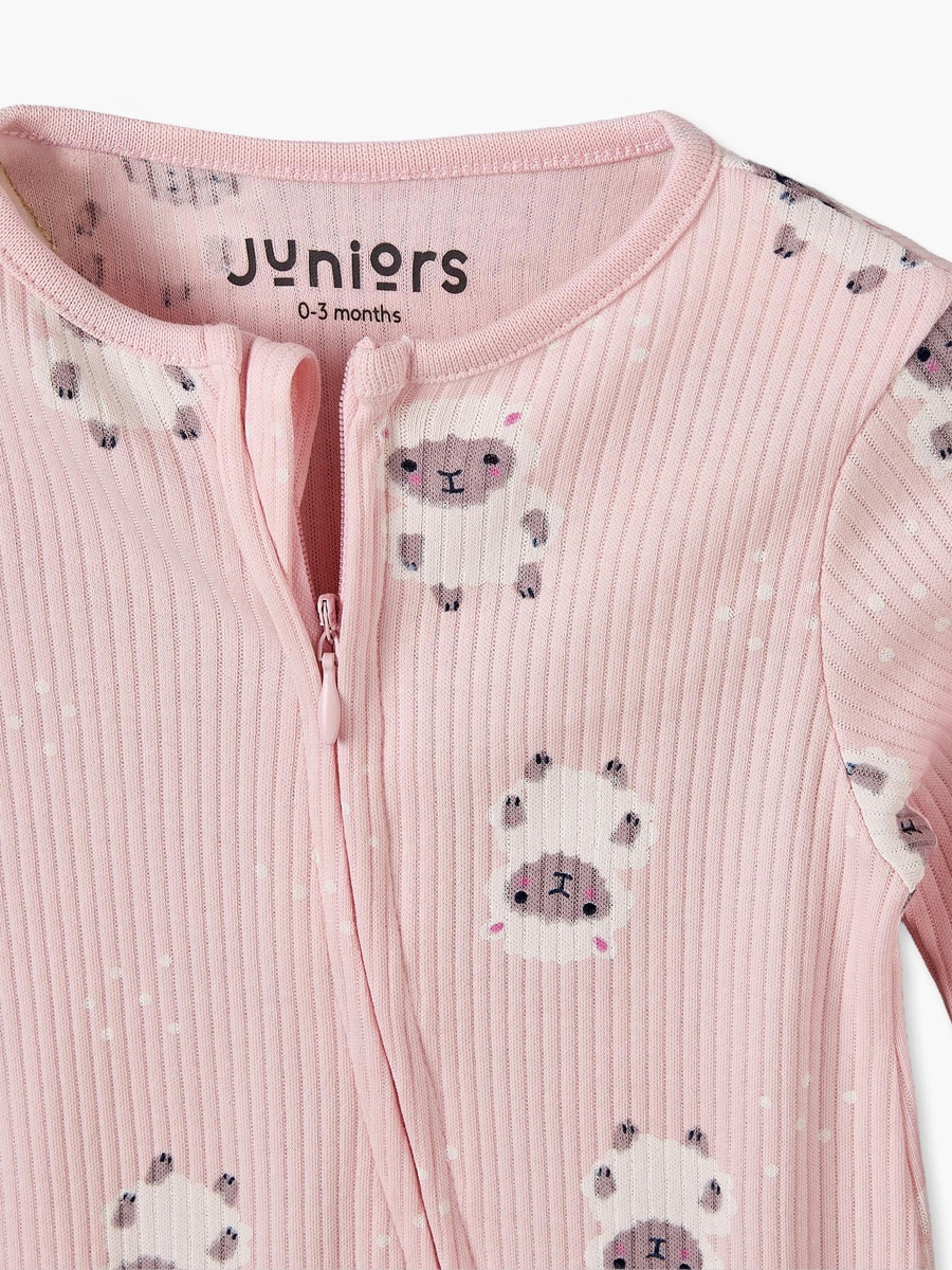 Cotton Crew Neck Long Sleeves Sleepsuit with Sheep Print