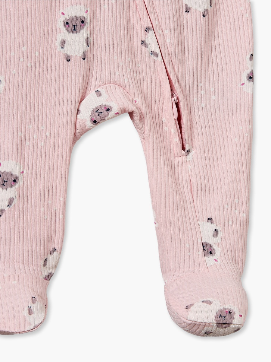 Cotton Crew Neck Long Sleeves Sleepsuit with Sheep Print