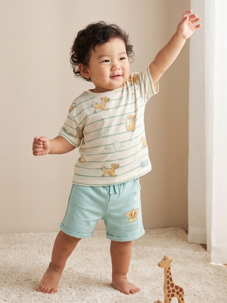 Crew Neck Short Sleeves T-Shirt and Shorts Set with Lion King Print
