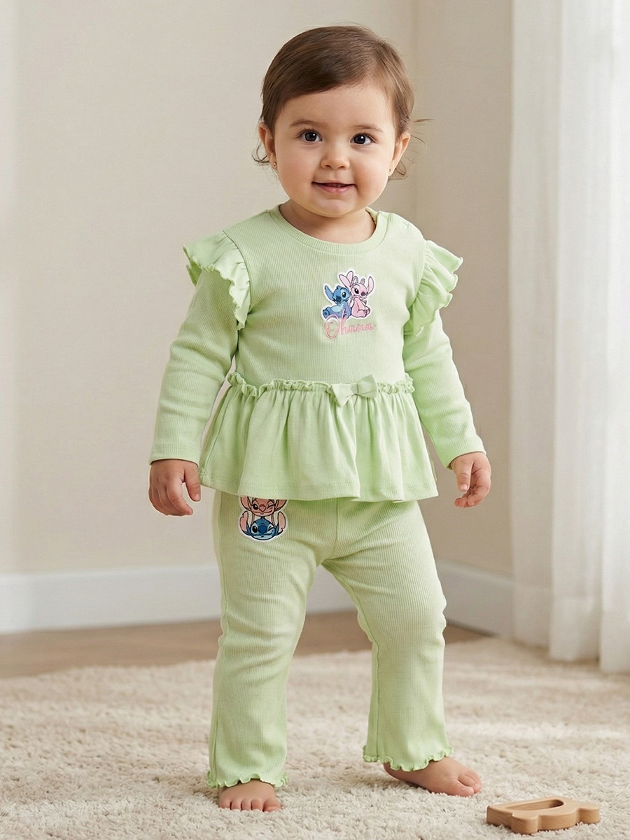 Round Neck Long Sleeves Top and Pants Set with Angel and Stitch Applique