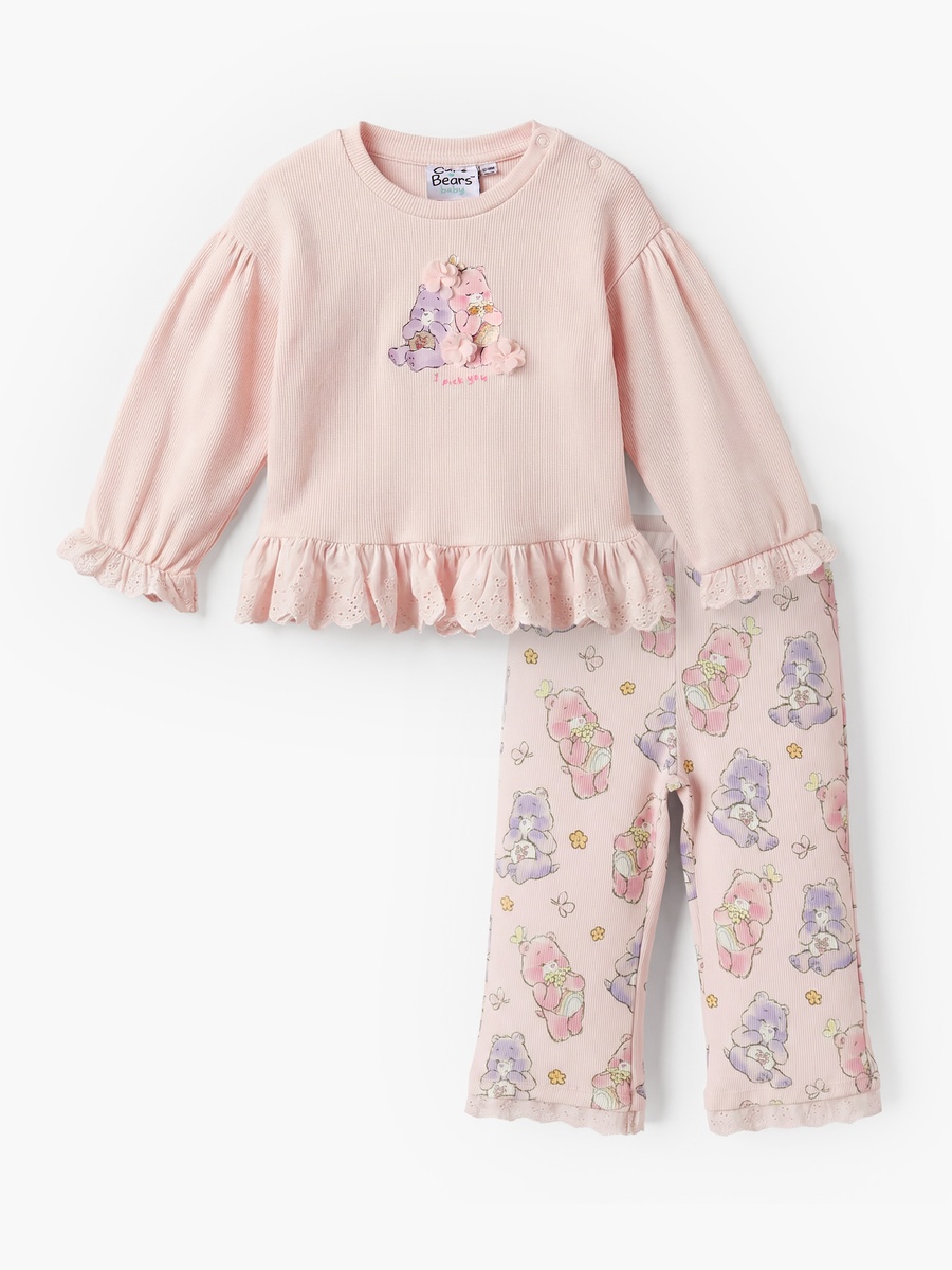 Round Neck Long Sleeve Top and Pyjama Set with Care Bear Print