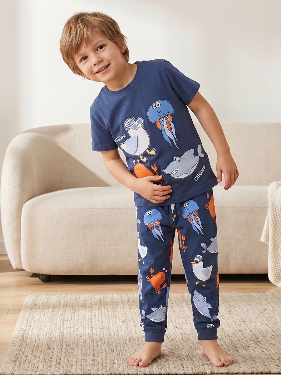 Cotton Crew Neck Short Sleeves Pyjama Set with Underwater Print