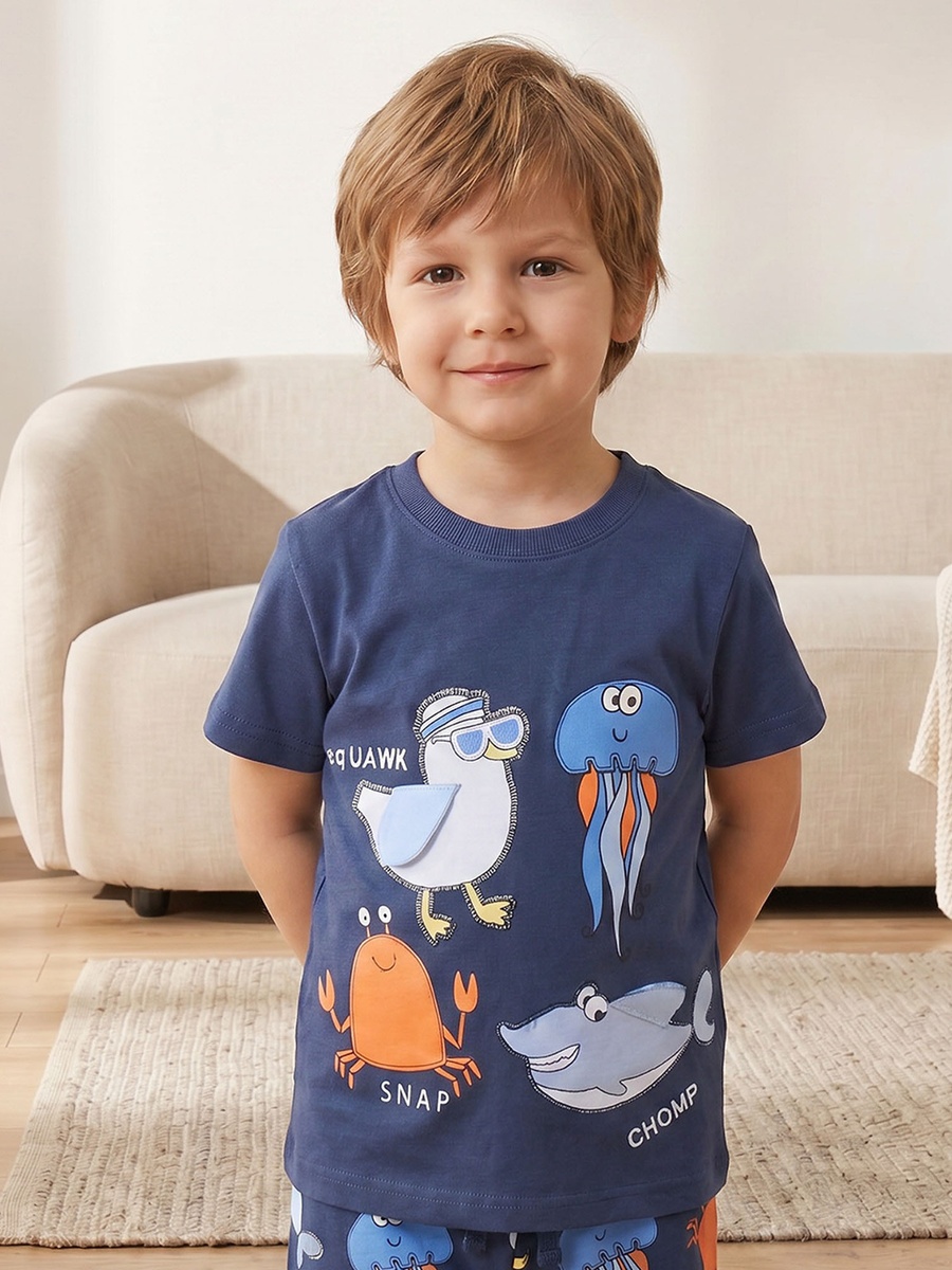 Cotton Crew Neck Short Sleeves Pyjama Set with Underwater Print