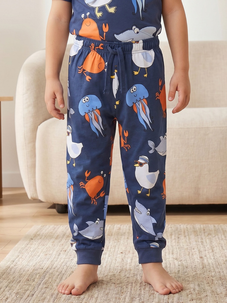 Cotton Crew Neck Short Sleeves Pyjama Set with Underwater Print