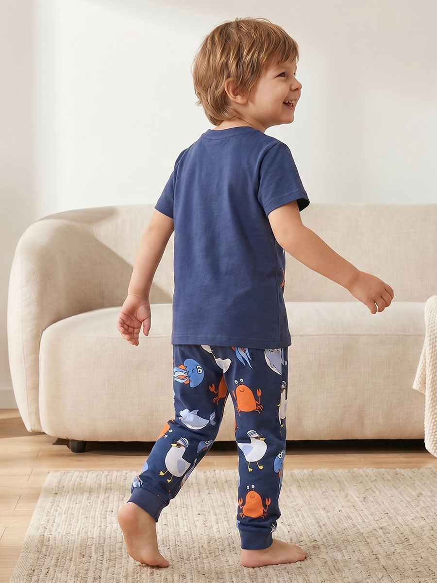 Cotton Crew Neck Short Sleeves Pyjama Set with Underwater Print