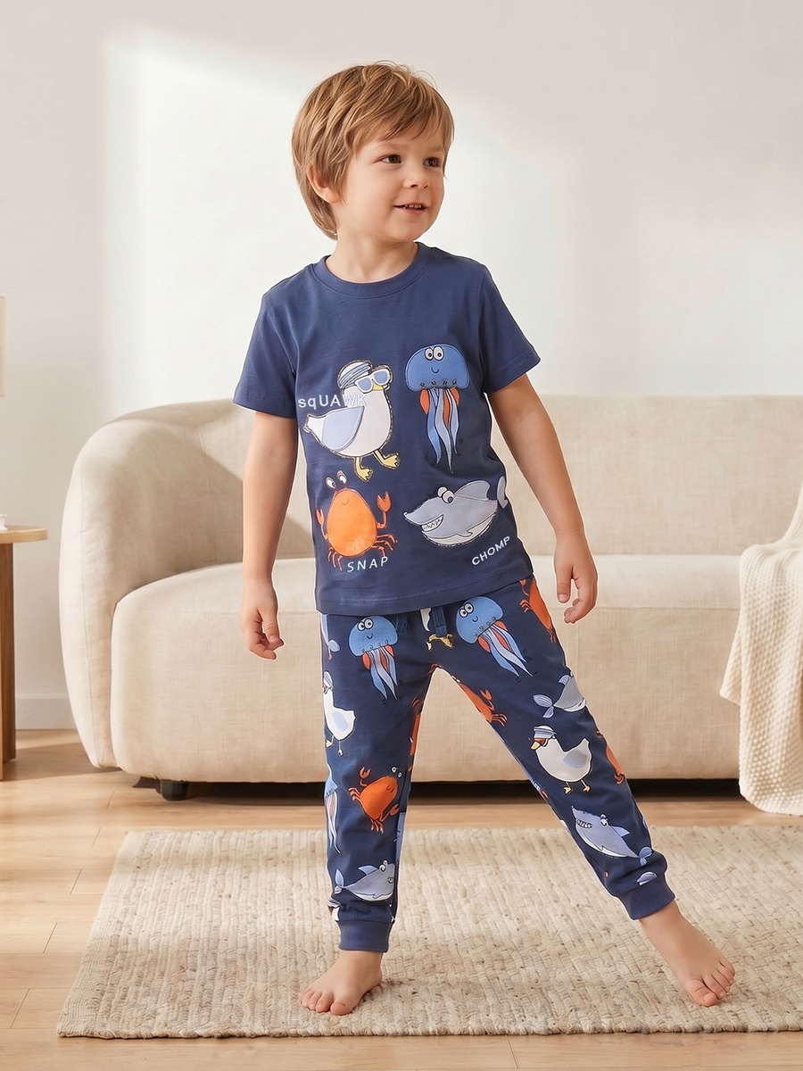 Cotton Crew Neck Short Sleeves Pyjama Set with Underwater Print