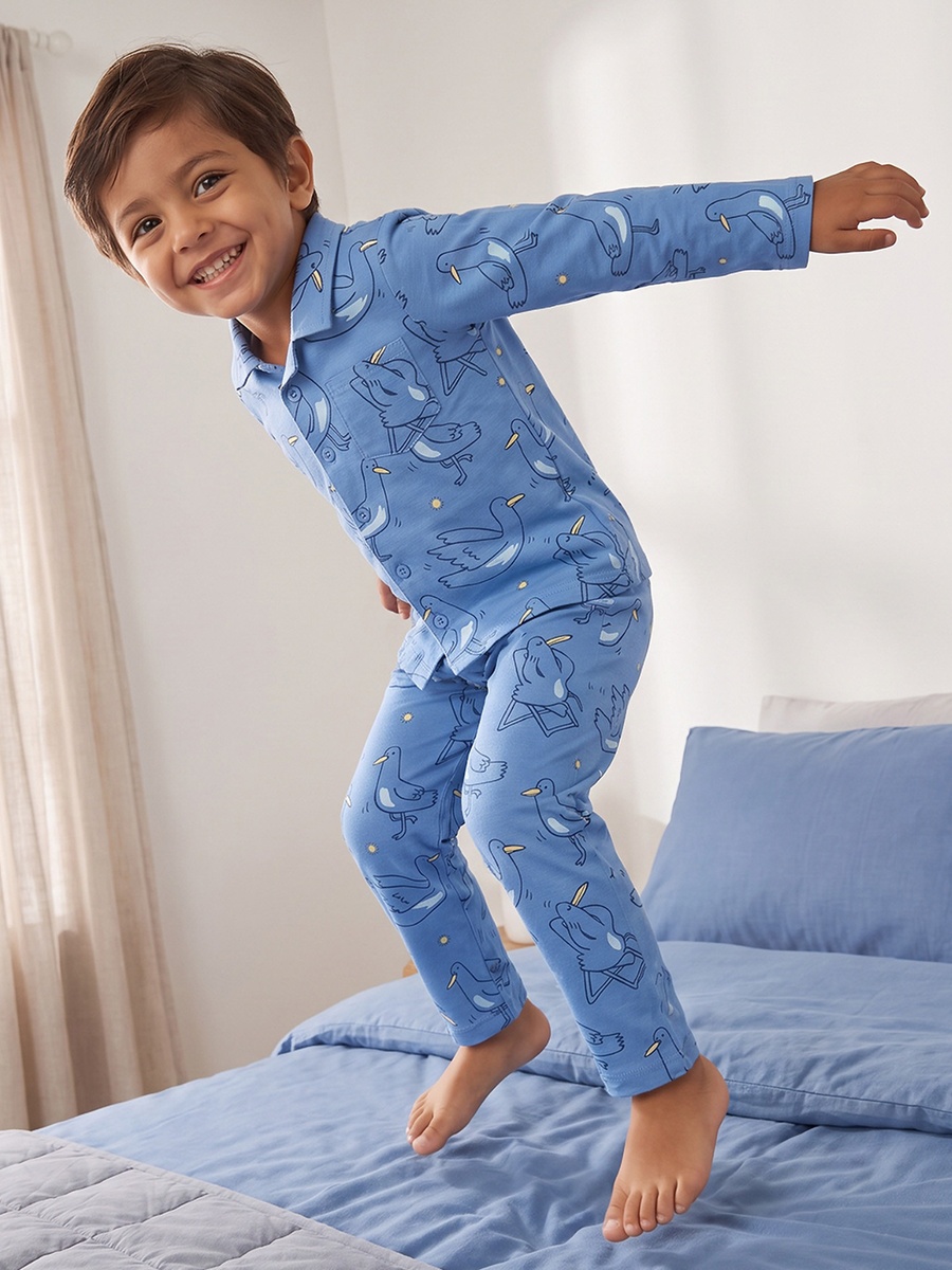 Cotton Collared Long Sleeves Pyjama Set with Bird Print