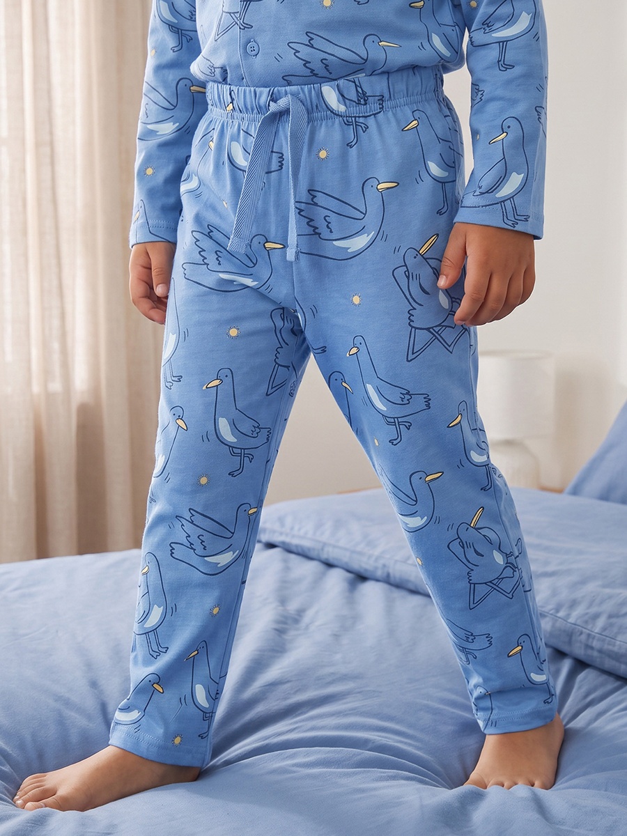 Cotton Collared Long Sleeves Pyjama Set with Bird Print