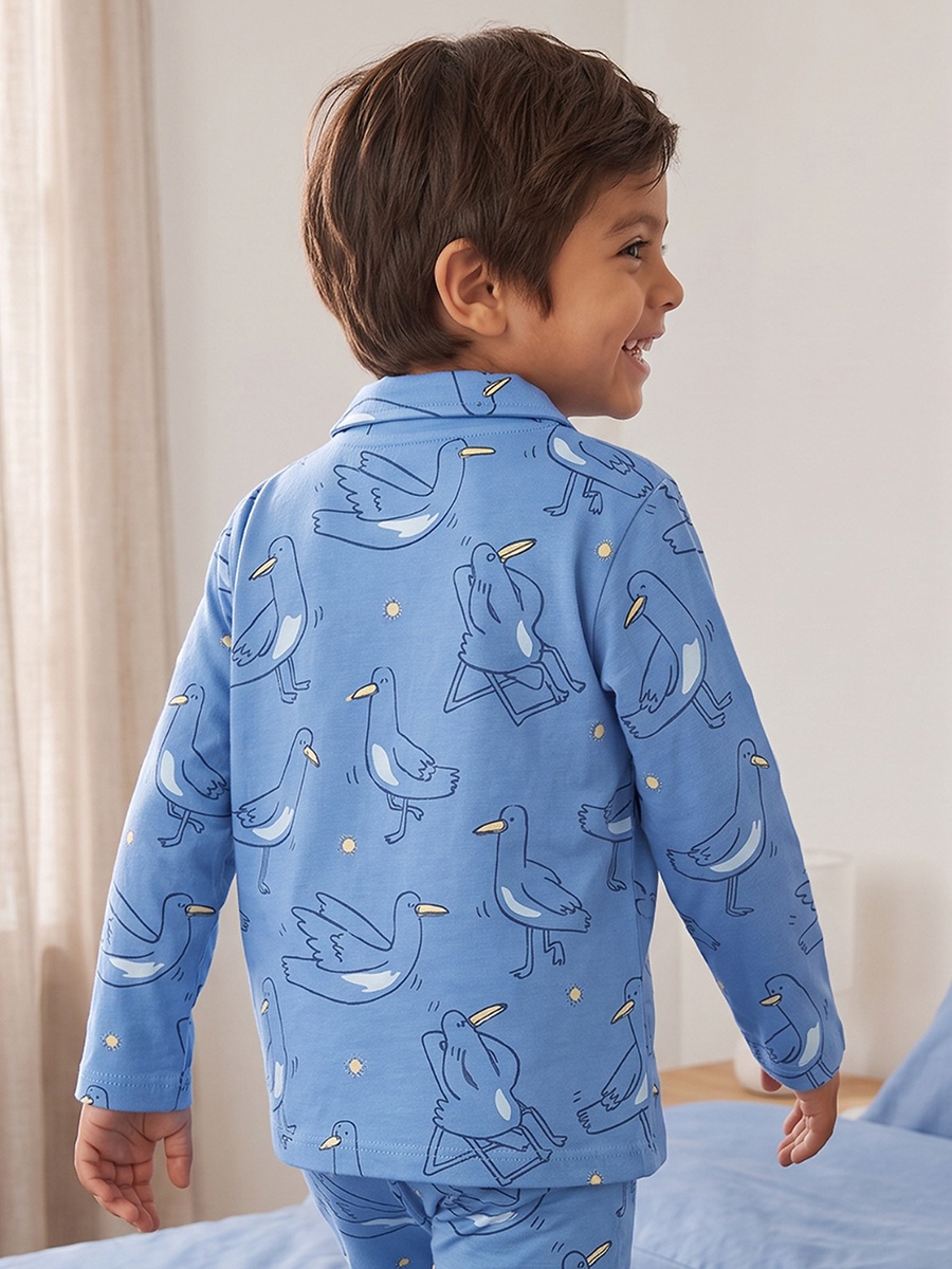 Cotton Collared Long Sleeves Pyjama Set with Bird Print