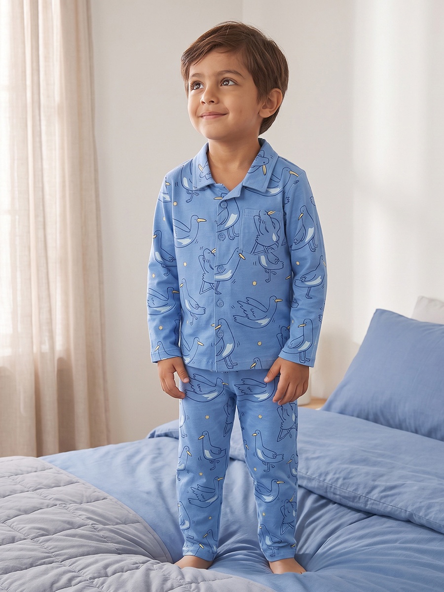 Cotton Collared Long Sleeves Pyjama Set with Bird Print