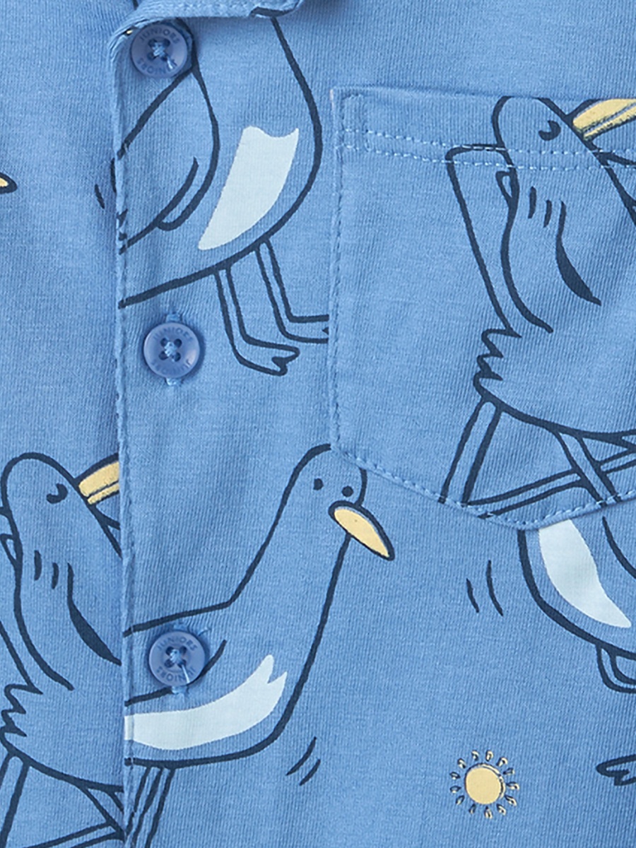 Cotton Collared Long Sleeves Pyjama Set with Bird Print