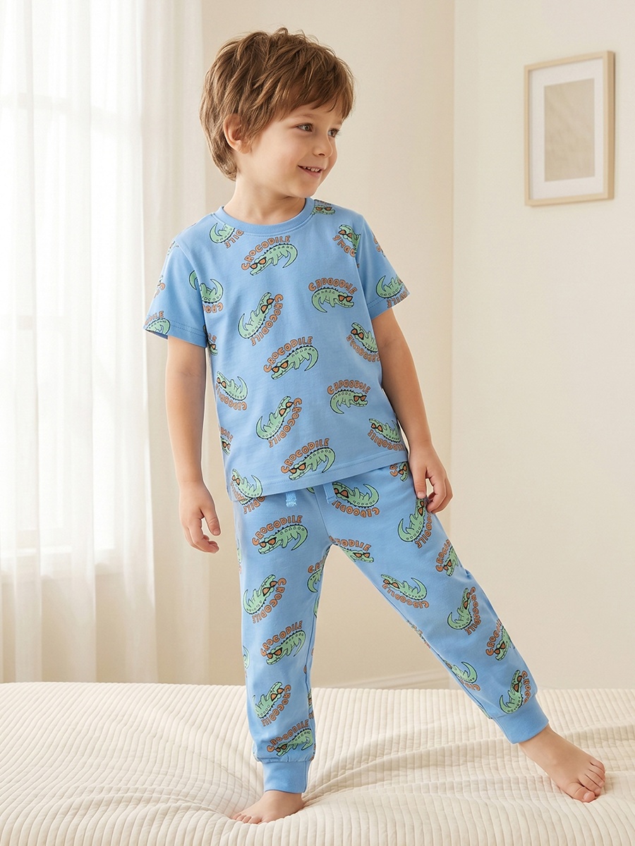 Cotton Crew Neck Short Sleeves Pyjama Set with Crocodile Print