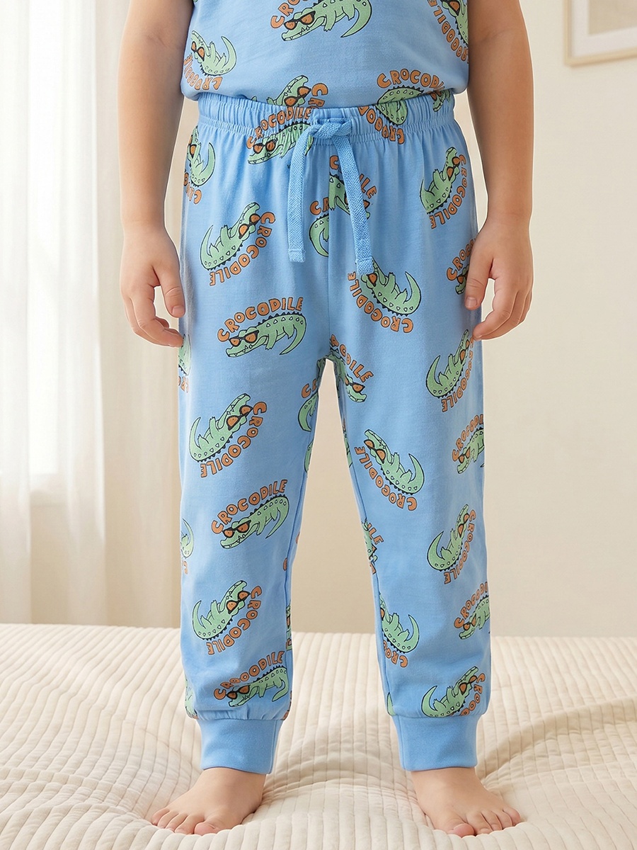 Cotton Crew Neck Short Sleeves Pyjama Set with Crocodile Print