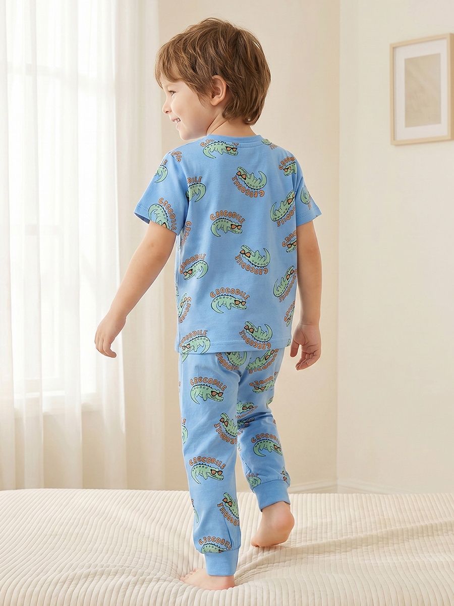 Cotton Crew Neck Short Sleeves Pyjama Set with Crocodile Print