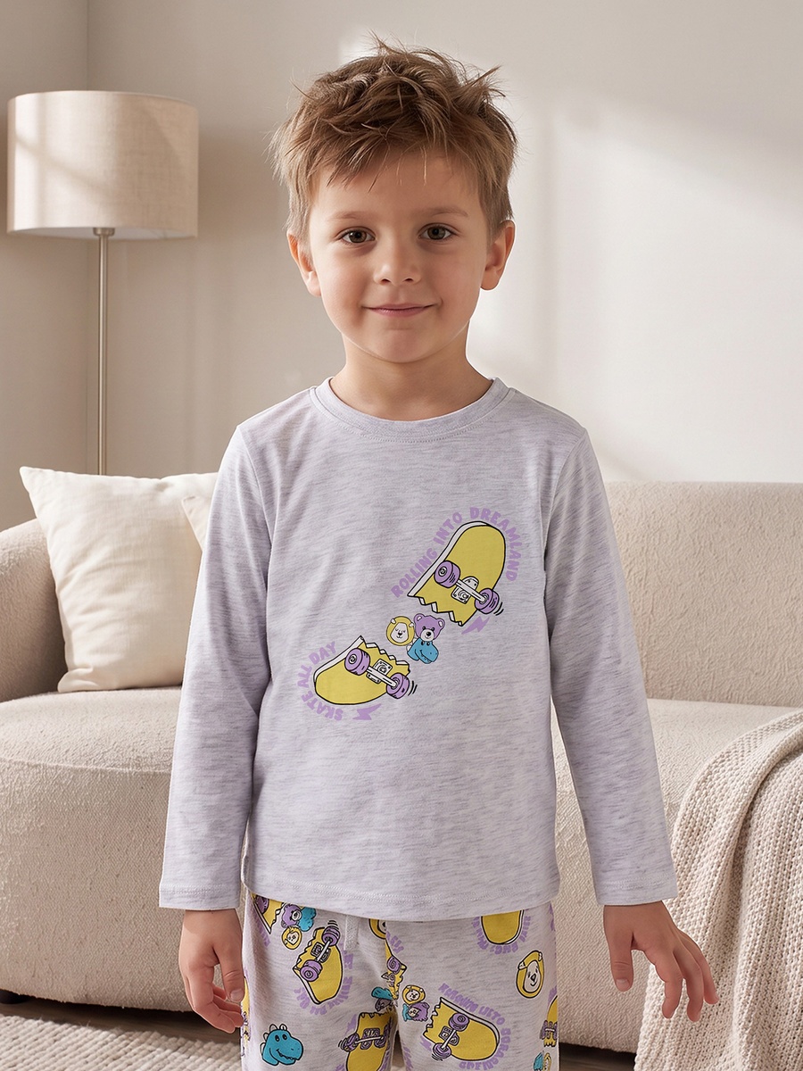Cotton Crew Neck Long Sleeves Pyjama Set with Skate Board Print