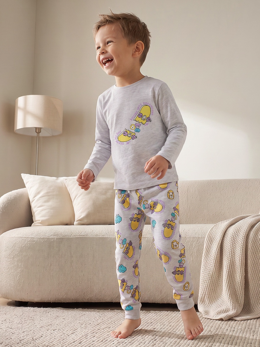 Cotton Crew Neck Long Sleeves Pyjama Set with Skate Board Print