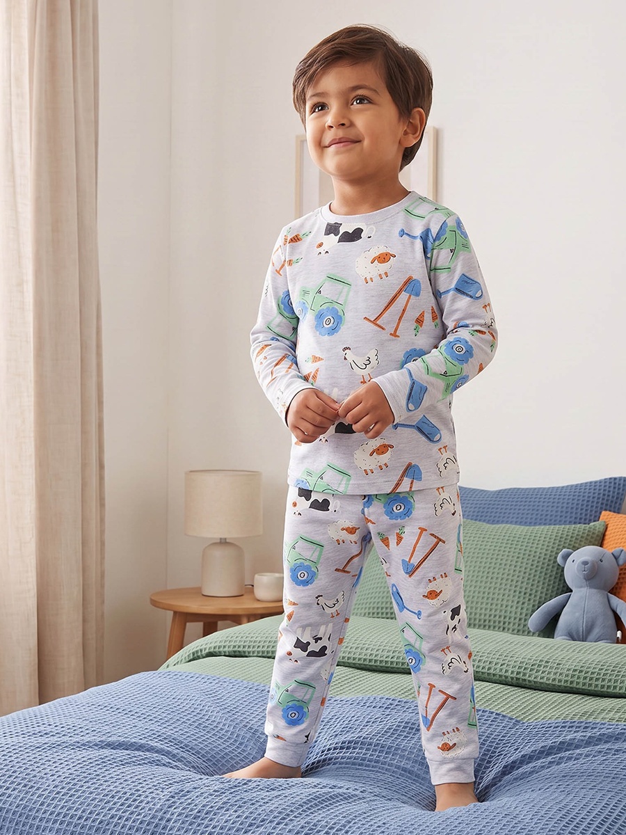 Cotton Crew Neck Long Sleeves Pyjama Set with Construction Vehicle Print