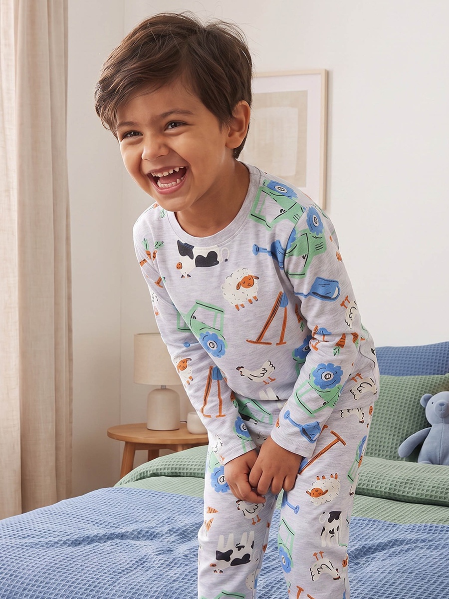 Cotton Crew Neck Long Sleeves Pyjama Set with Construction Vehicle Print