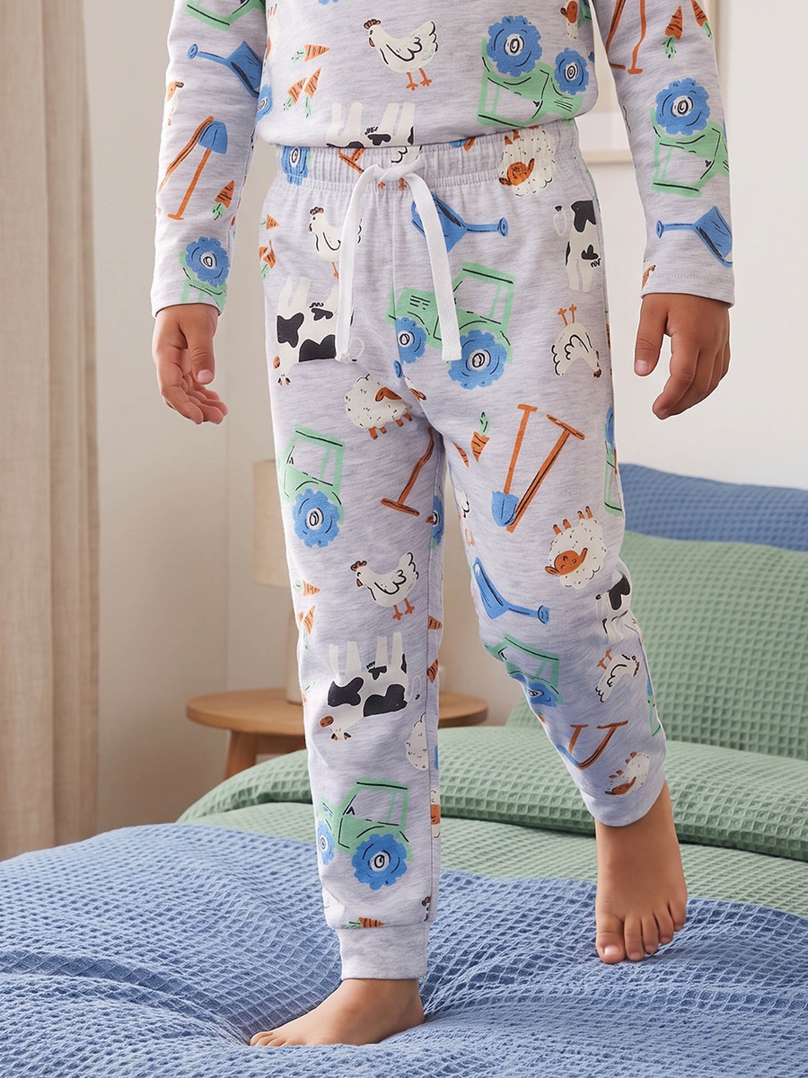 Cotton Crew Neck Long Sleeves Pyjama Set with Construction Vehicle Print