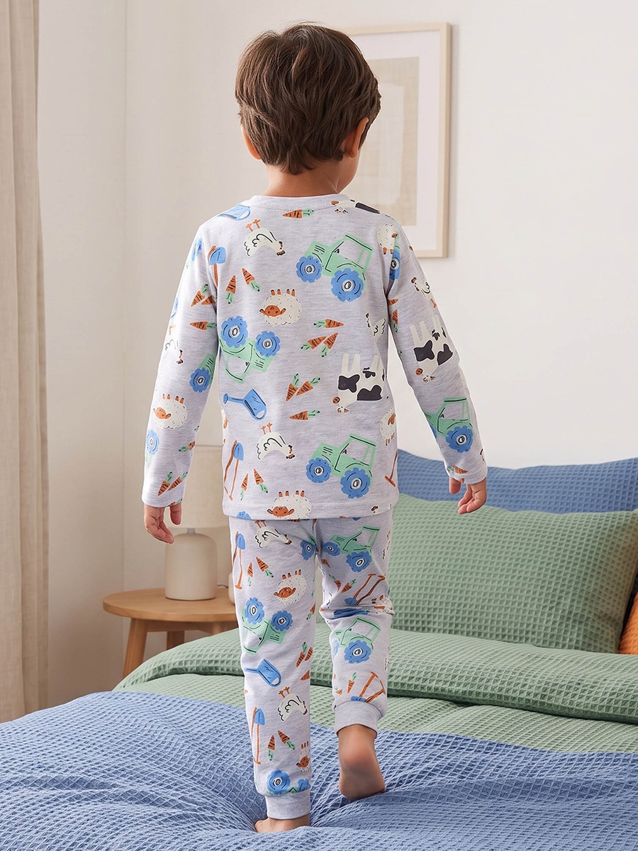 Cotton Crew Neck Long Sleeves Pyjama Set with Construction Vehicle Print