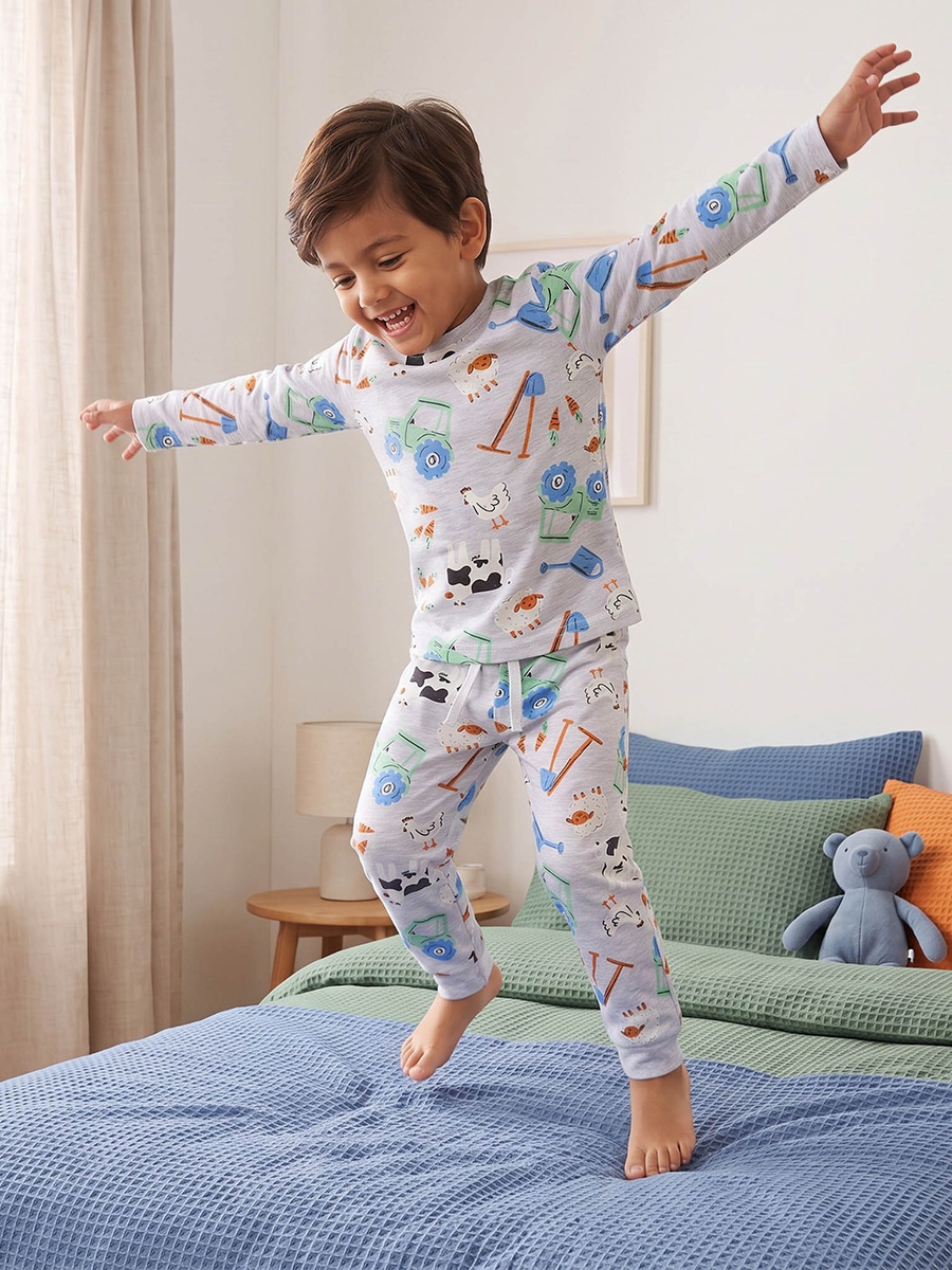 Cotton Crew Neck Long Sleeves Pyjama Set with Construction Vehicle Print