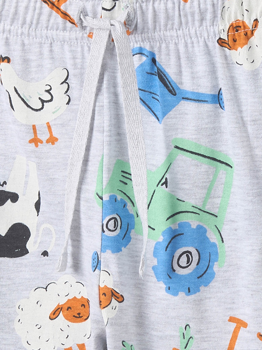 Cotton Crew Neck Long Sleeves Pyjama Set with Construction Vehicle Print