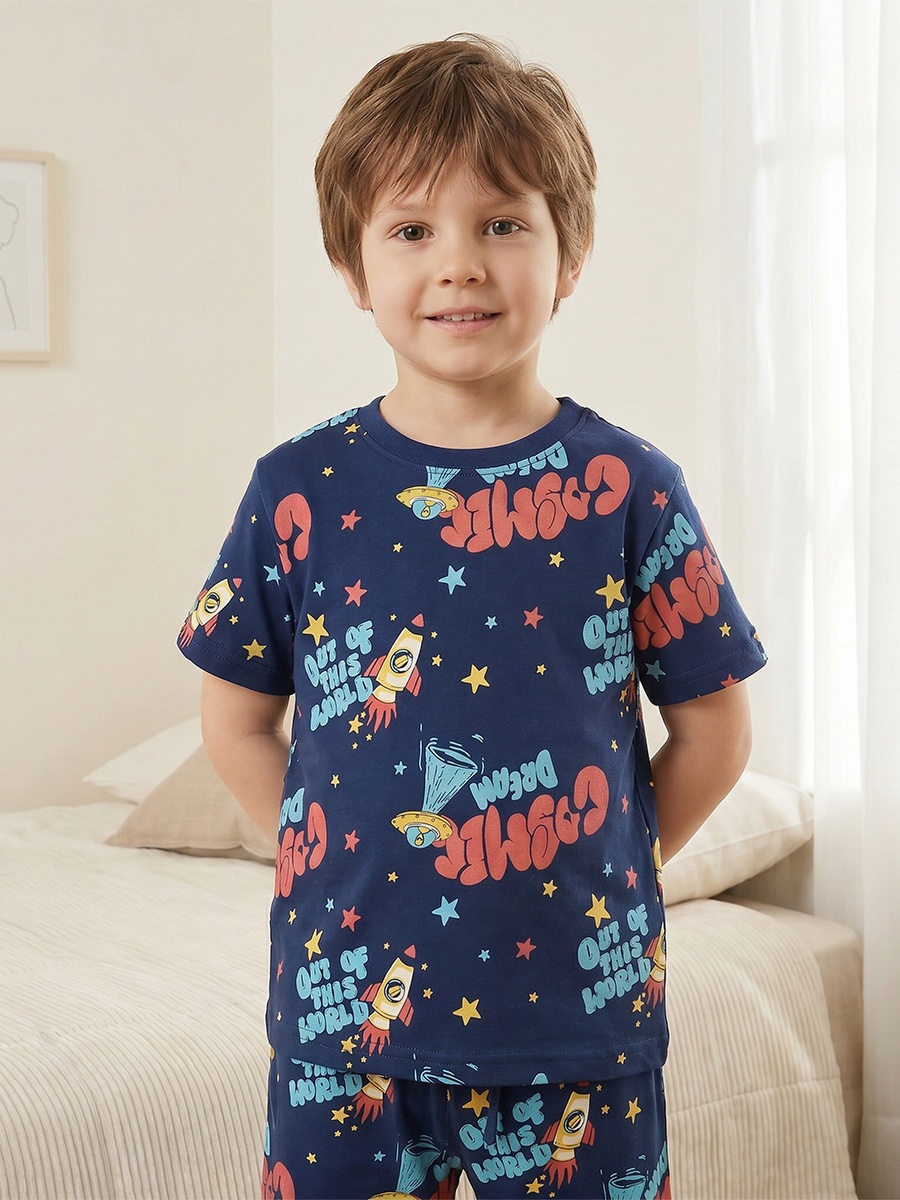 Cotton Crew Neck Short Sleeves Pyjama Set with Space Print