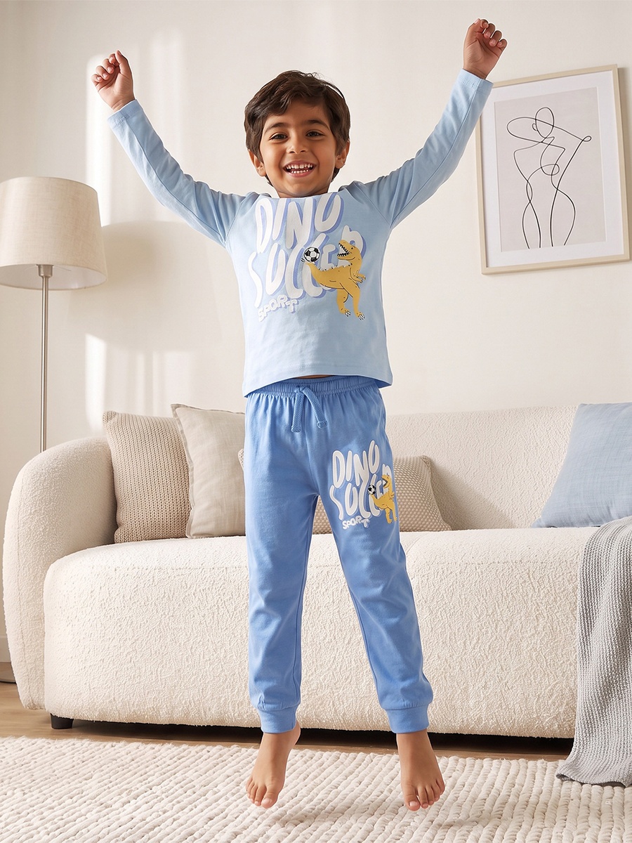 Cotton Crew Neck Long Sleeves Pyjama Set with Dinosaur Print