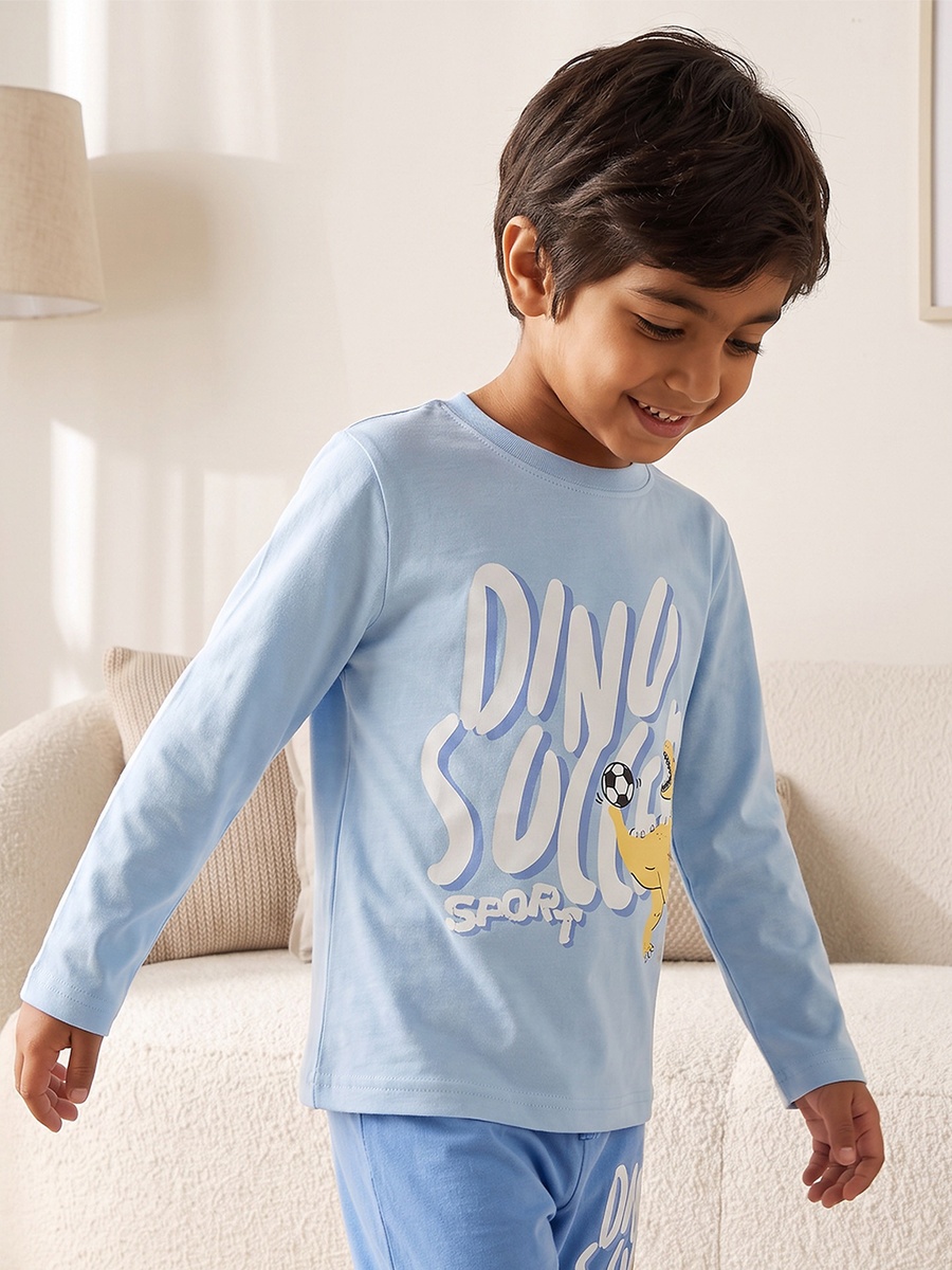 Cotton Crew Neck Long Sleeves Pyjama Set with Dinosaur Print