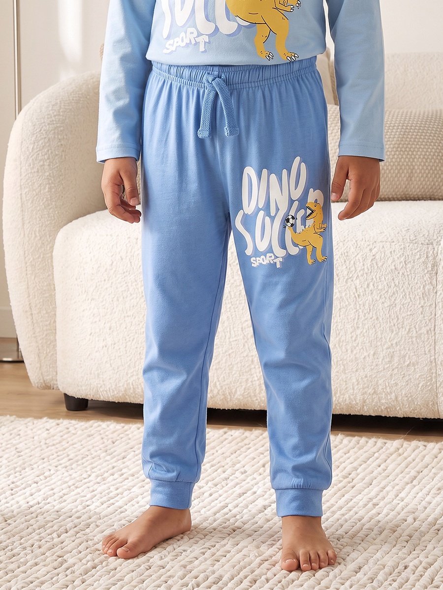 Cotton Crew Neck Long Sleeves Pyjama Set with Dinosaur Print