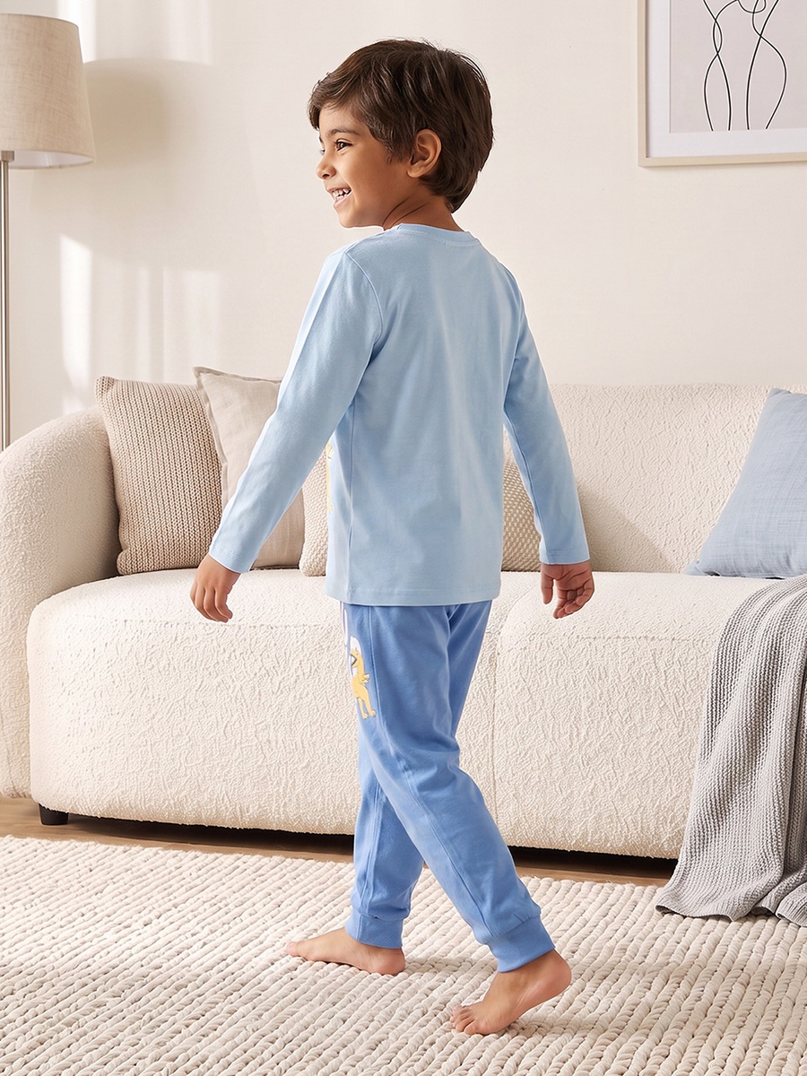 Cotton Crew Neck Long Sleeves Pyjama Set with Dinosaur Print