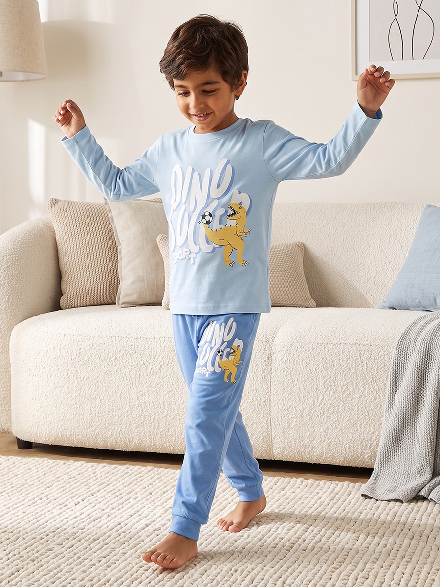 Cotton Crew Neck Long Sleeves Pyjama Set with Dinosaur Print